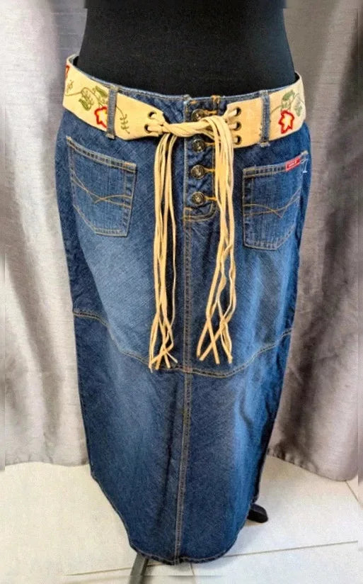 Jupe longue Zana Di vintage denim brodé ceinture lacée M