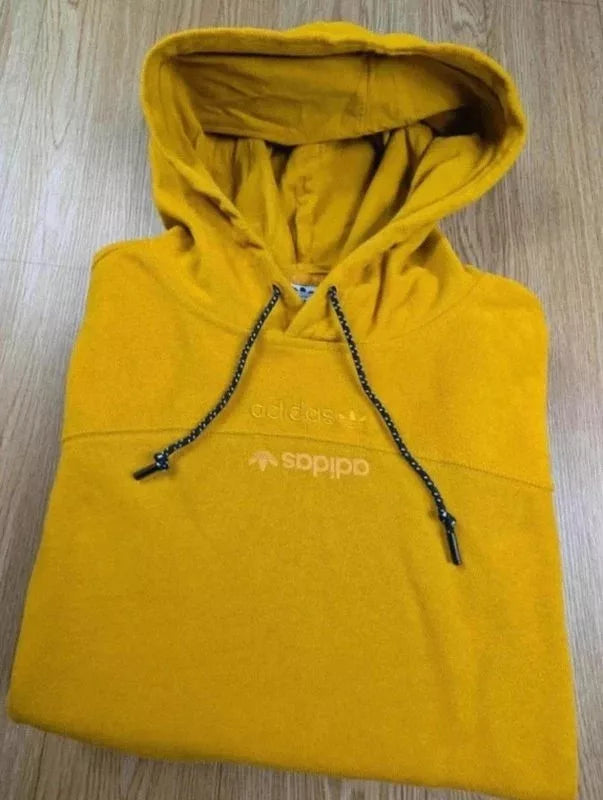 Sweat capuche Adidas jaune moutarde bandes blanches S