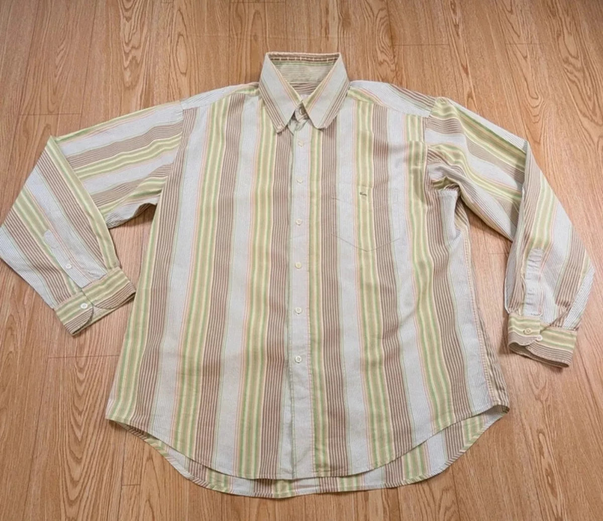 Chemise Lacoste vintage rayée vert beige années 90 XL