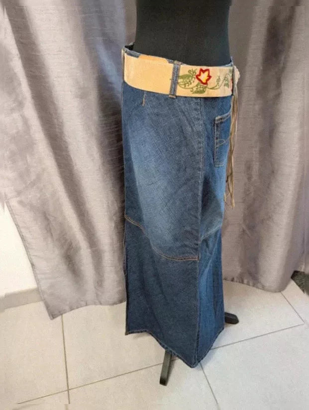 Jupe longue Zana Di vintage denim brodé ceinture lacée M