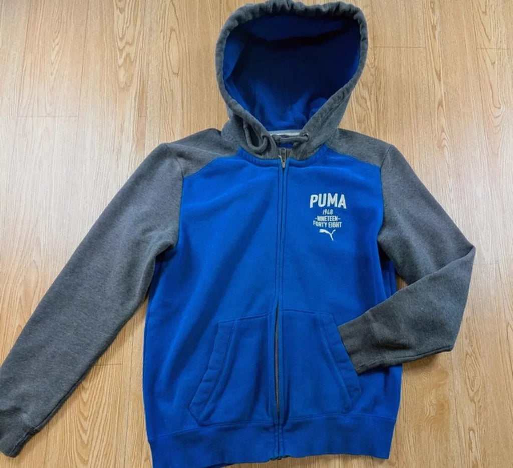 Veste zippée Puma bicolore bleu gris capuche intérieur L