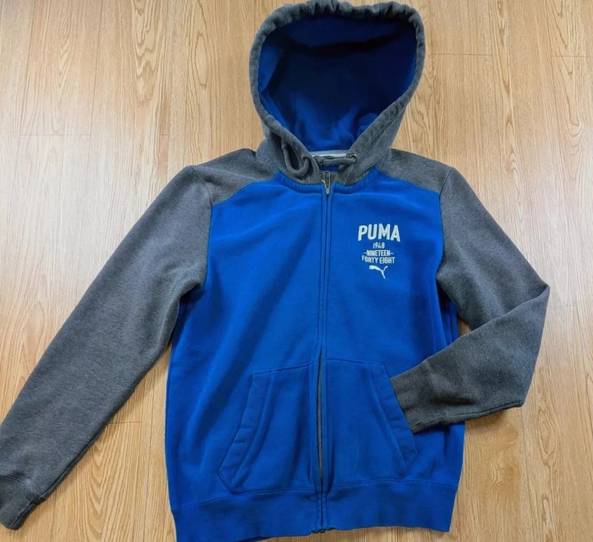 Veste zippée Puma bicolore bleu gris capuche intérieur L