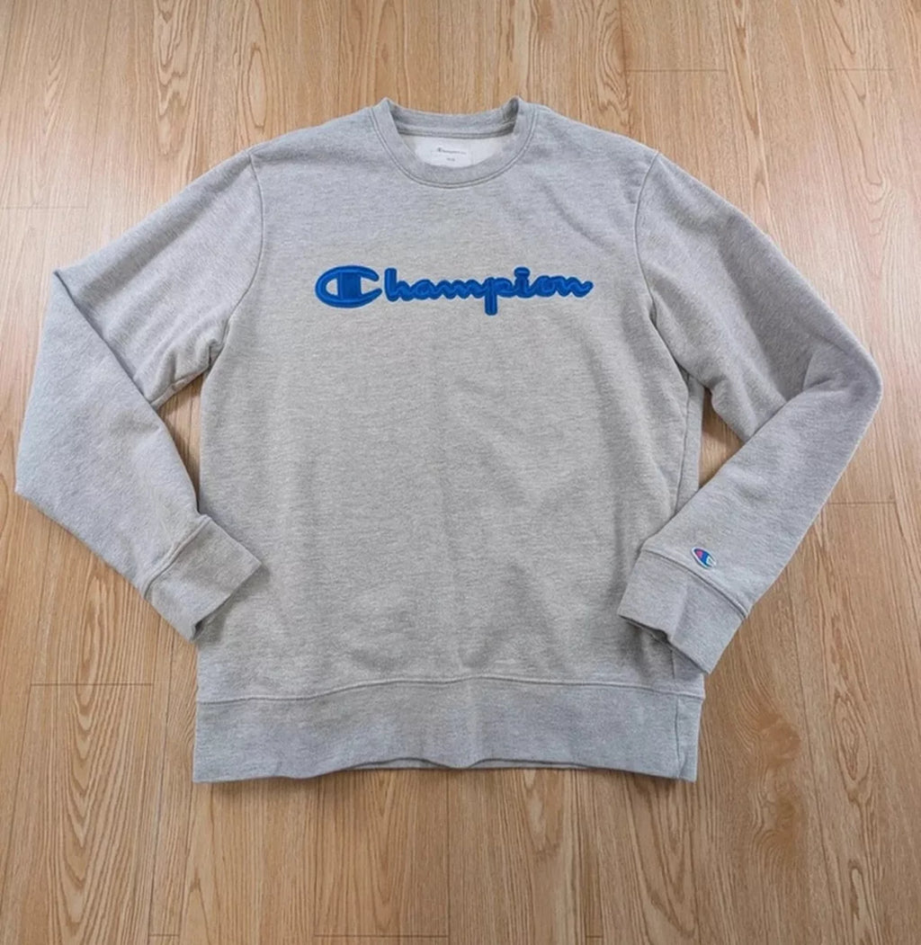 Sweat Champion Elite gris brodé bleu vintage M