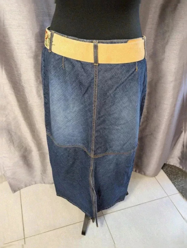 Jupe longue Zana Di vintage denim brodé ceinture lacée M