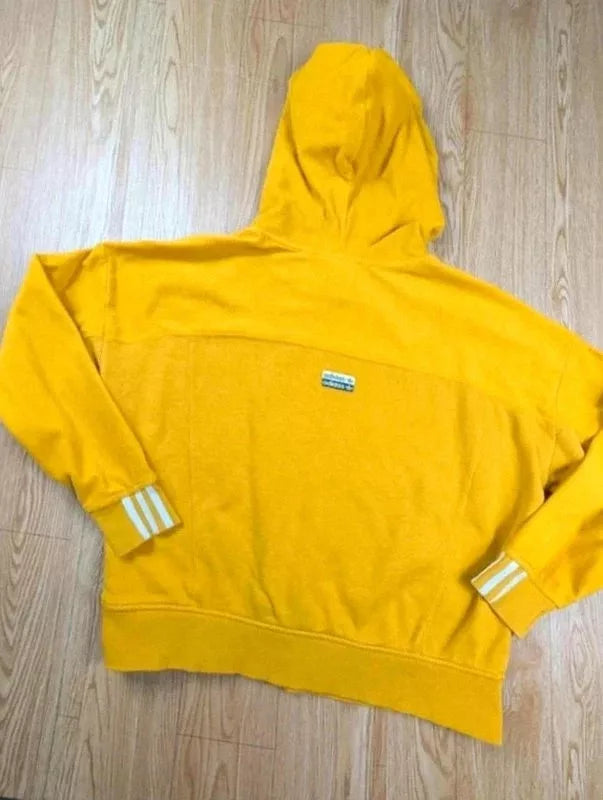 Sweat capuche Adidas jaune moutarde bandes blanches S
