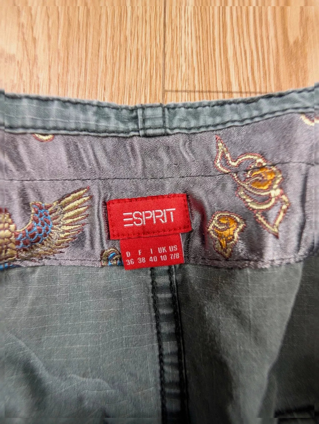 Jupe Esprit cargo kaki doublure brodée Y2K satin T38
