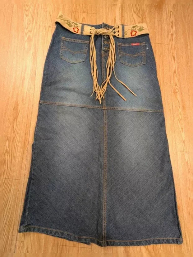 Jupe longue Zana Di vintage denim brodé ceinture lacée M