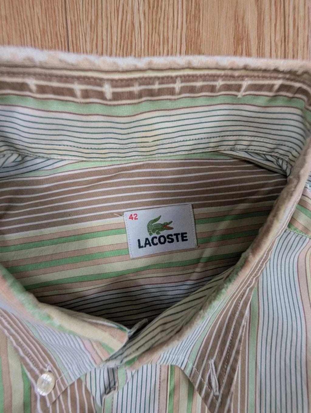Chemise Lacoste vintage rayée vert beige années 90 XL