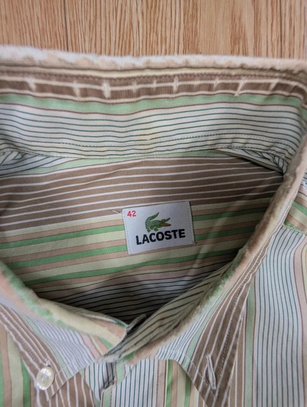 Chemise Lacoste vintage rayée vert beige années 90 XL