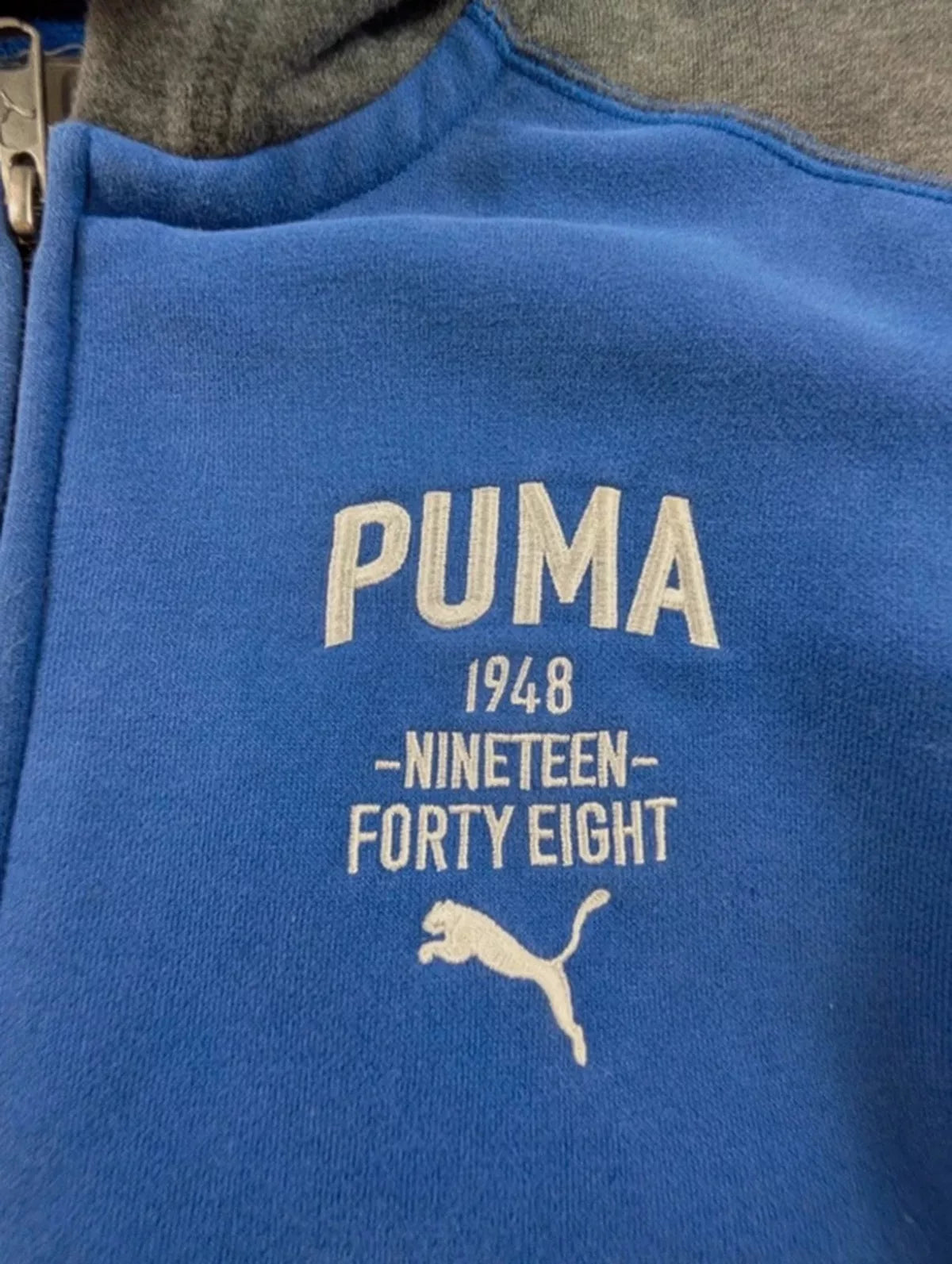 Veste zippée Puma bicolore bleu gris capuche intérieur L