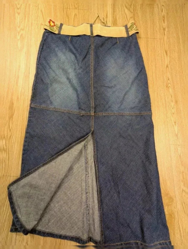 Jupe longue Zana Di vintage denim brodé ceinture lacée M
