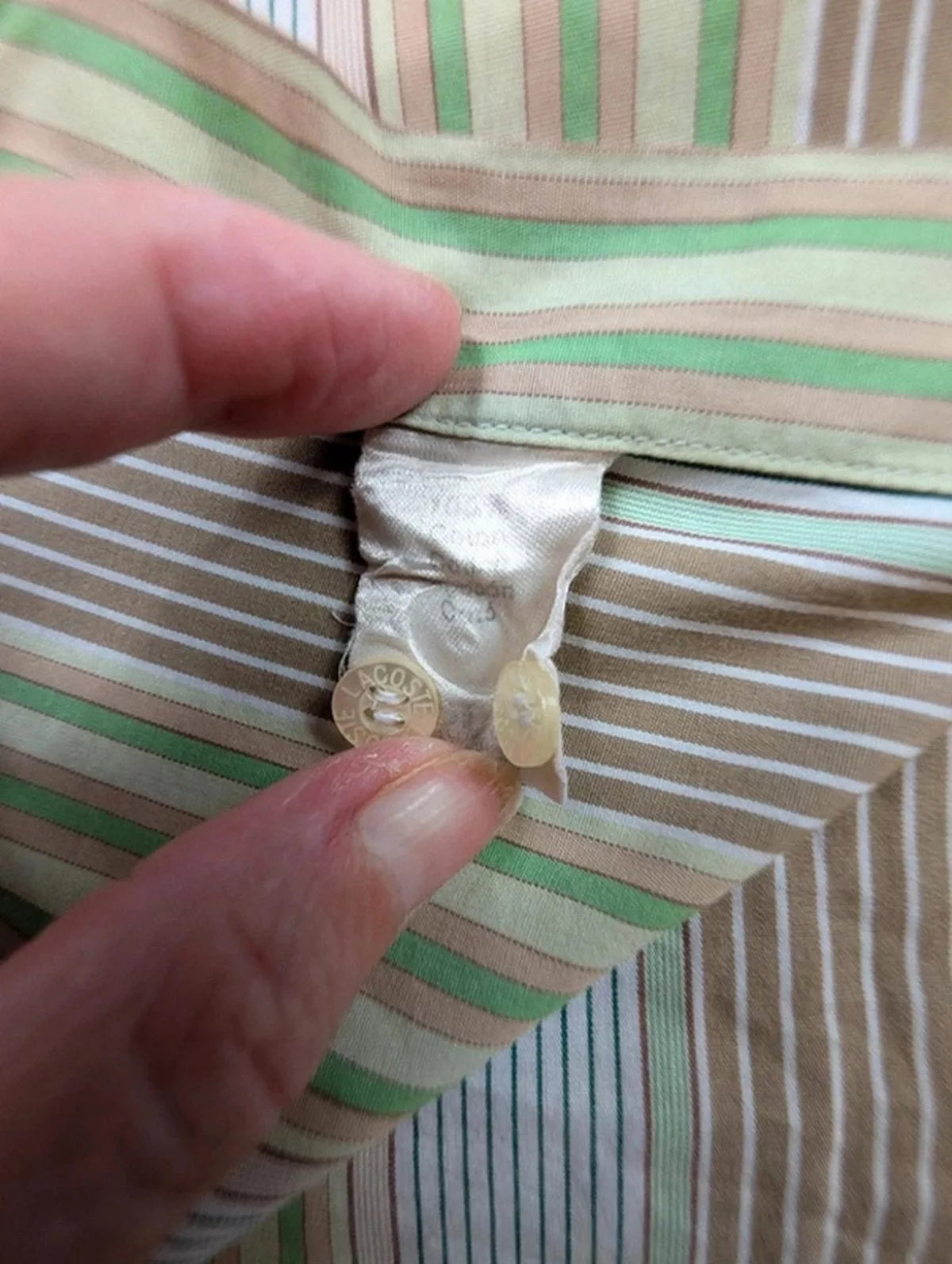Chemise Lacoste vintage rayée vert beige années 90 XL