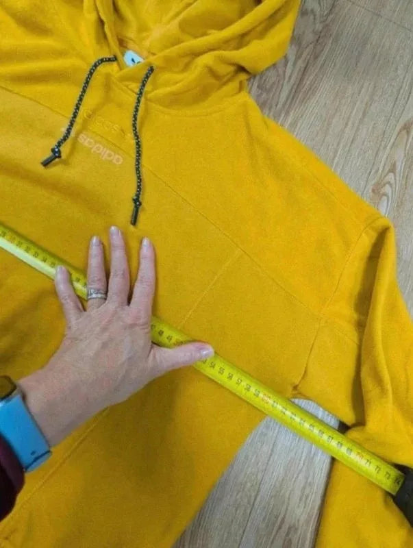 Sweat capuche Adidas jaune moutarde bandes blanches S