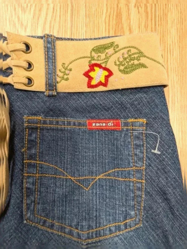 Jupe longue Zana Di vintage denim brodé ceinture lacée M