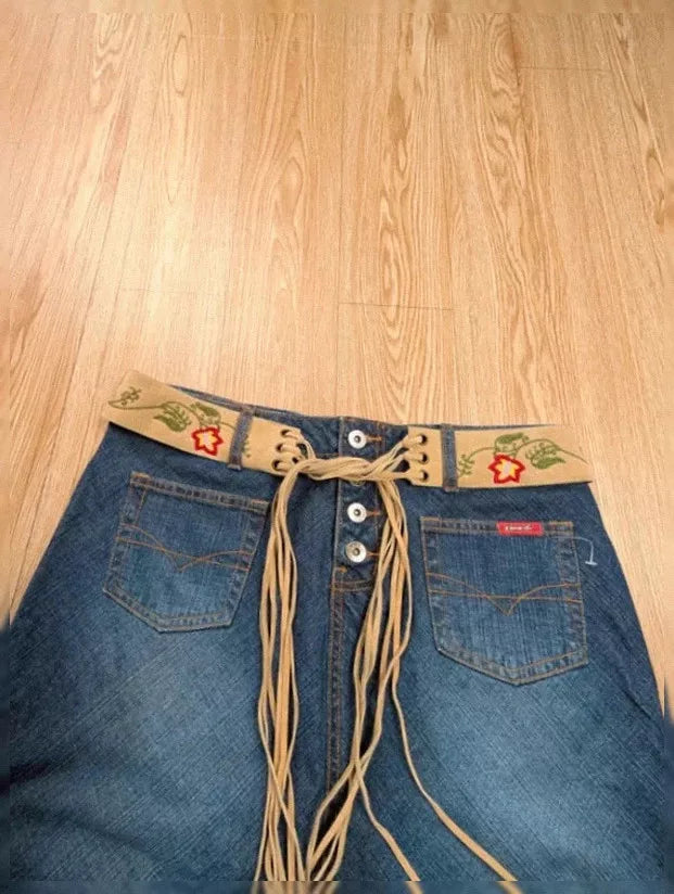 Jupe longue Zana Di vintage denim brodé ceinture lacée M