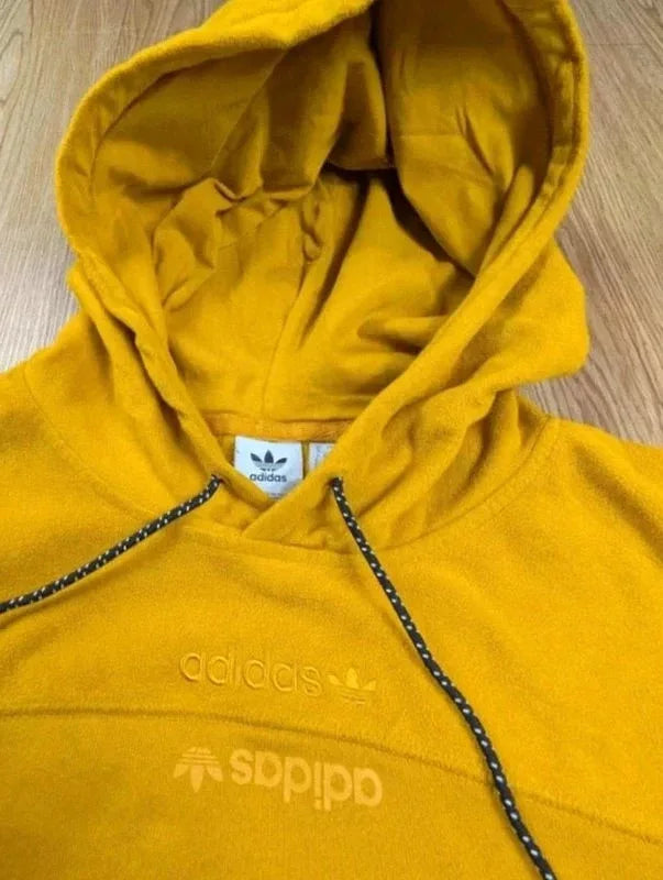 Sweat capuche Adidas jaune moutarde bandes blanches S
