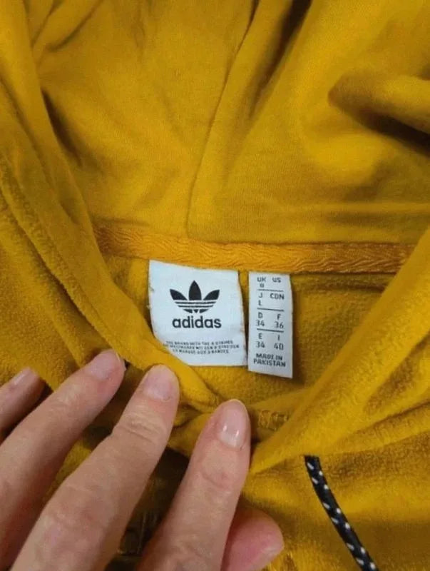 Sweat capuche Adidas jaune moutarde bandes blanches S