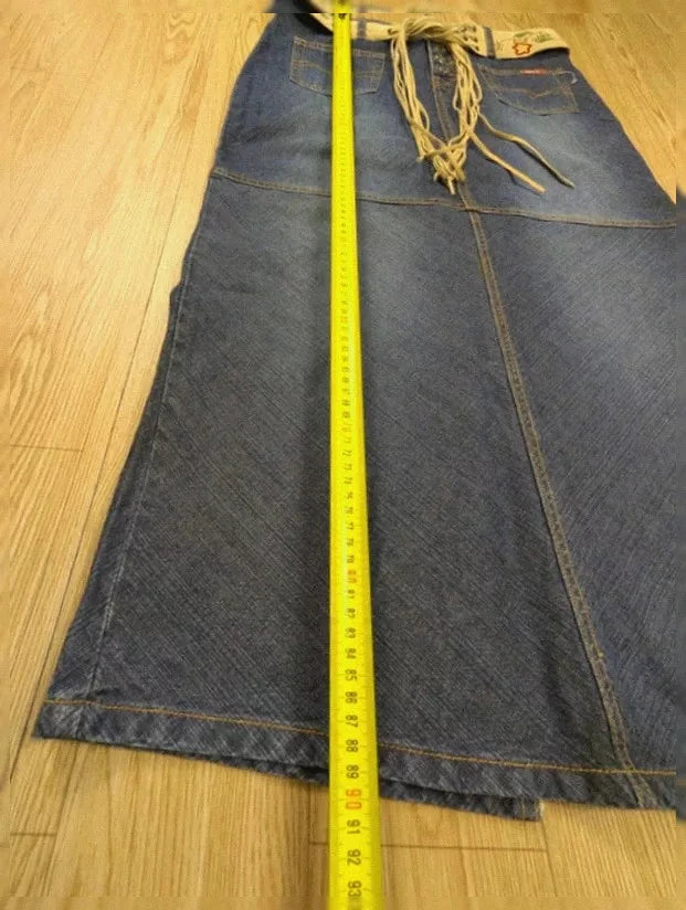Jupe longue Zana Di vintage denim brodé ceinture lacée M