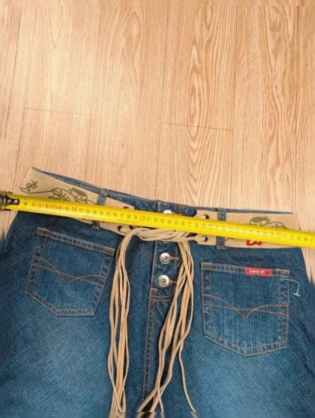 Jupe longue Zana Di vintage denim brodé ceinture lacée M