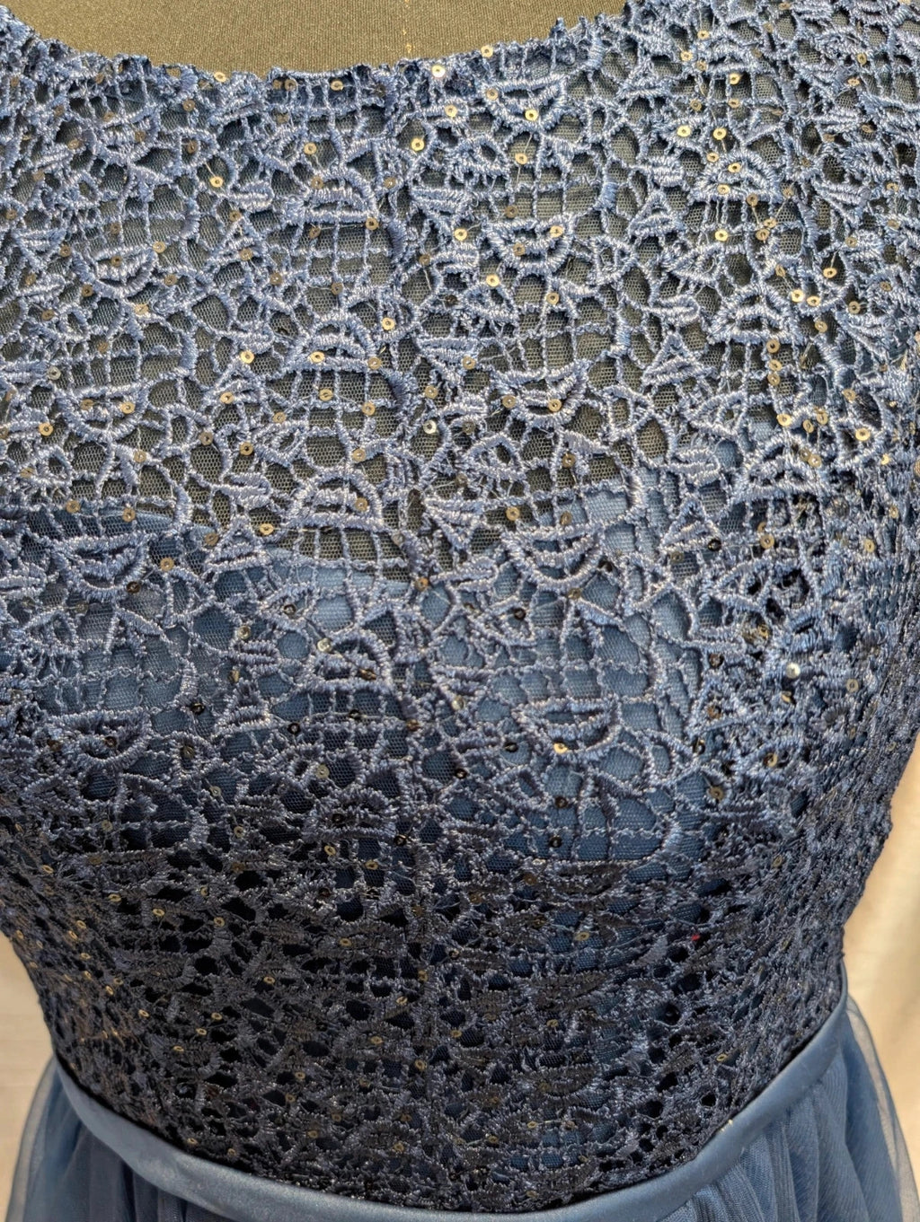 Robe Longue Cérémonie Dentelle Sequins Bleu Marine Taille 38