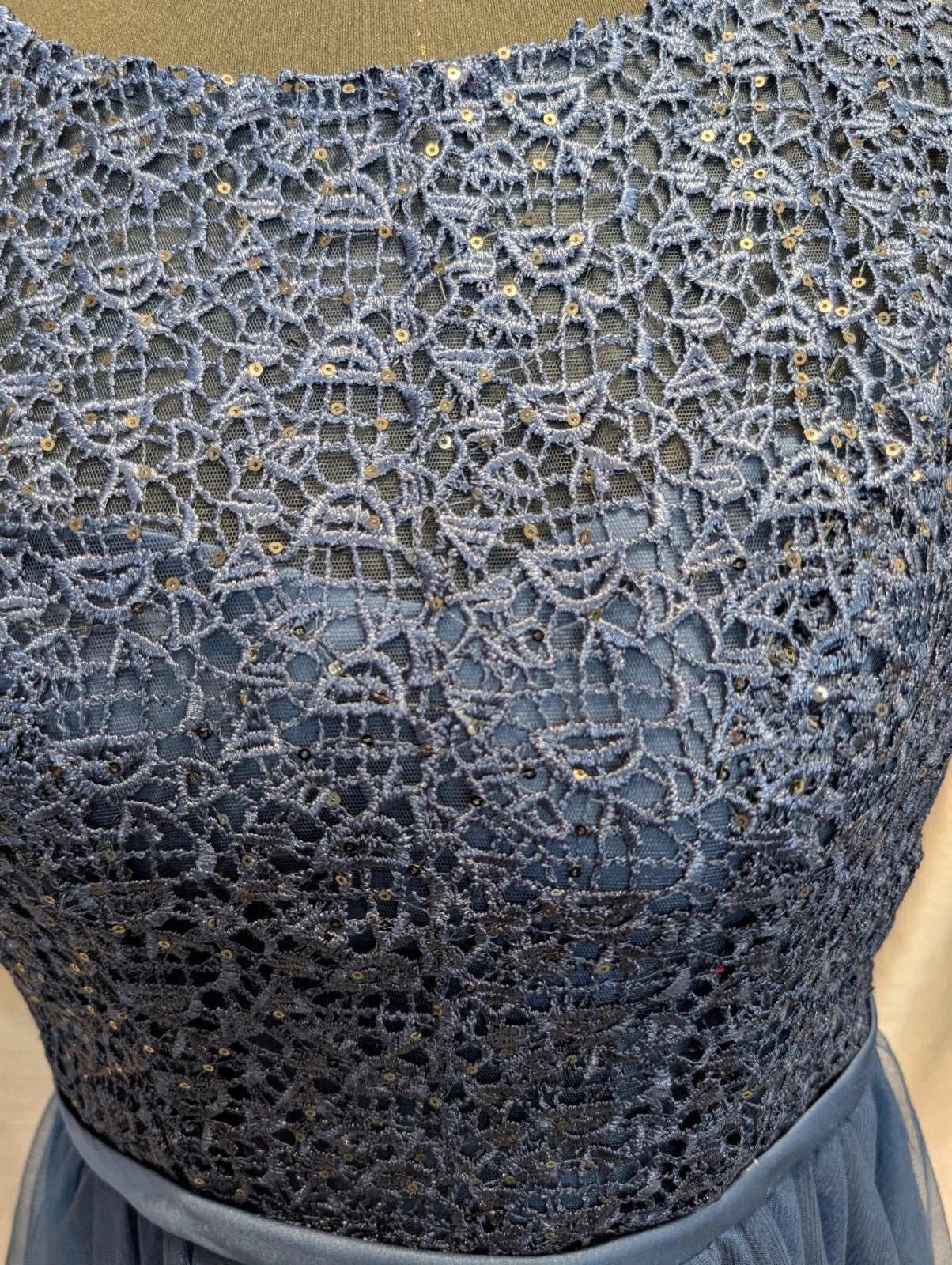 Robe Longue Cérémonie Dentelle Sequins Bleu Marine Taille 38
